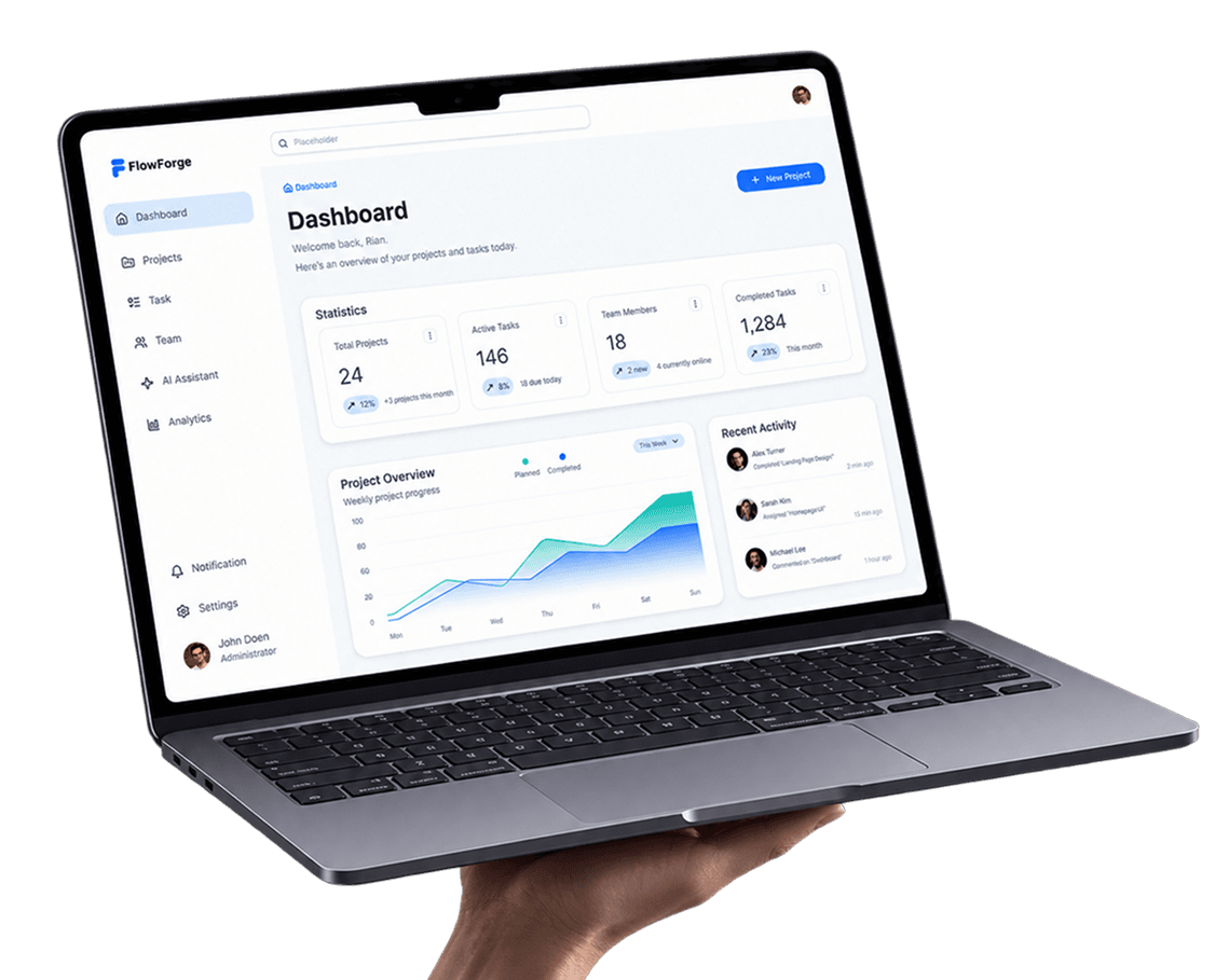 FlowForge dashboard workspace displayed on a laptop with a hand interacting with the trackpad