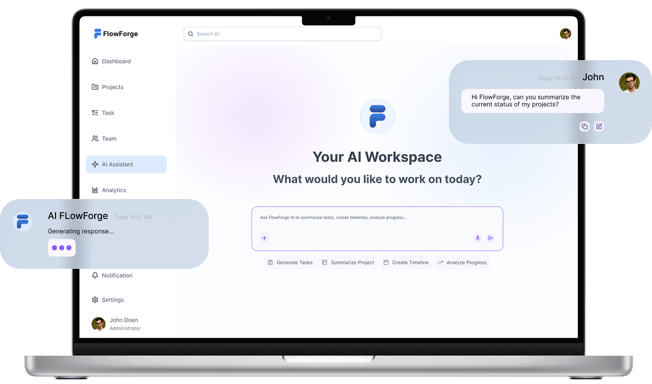 FlowForge AI Assistant interface with laptop mockup, AI response card on the left, and user message card on the right