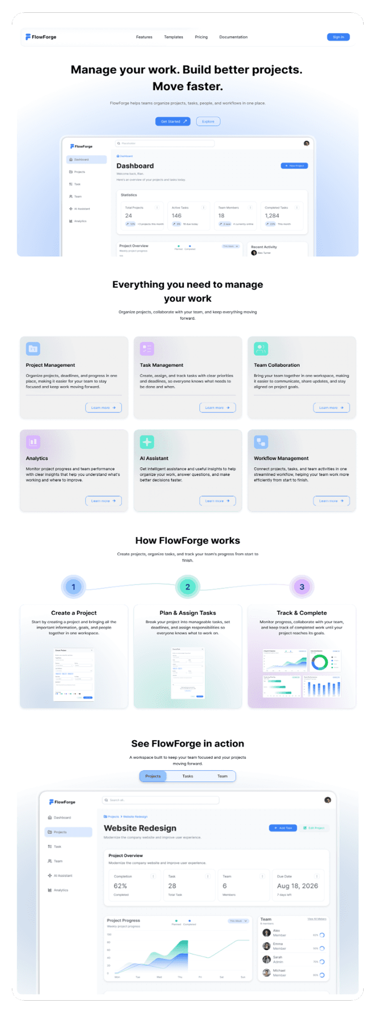 FlowForge Landing Page UI design showing the final visual direction with soft blue accents and clear content hierarchy