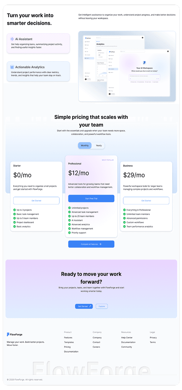 FlowForge product UI showcase showing dashboard, projects, and task management screens in the final visual design