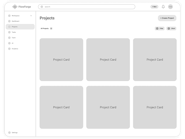 Projects wireframe showing project list and organization layout