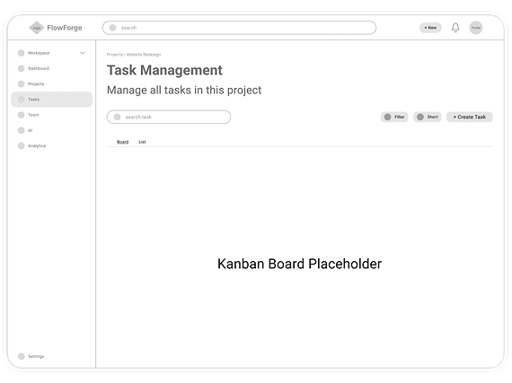 Task Management wireframe showing task assignment and progress layout